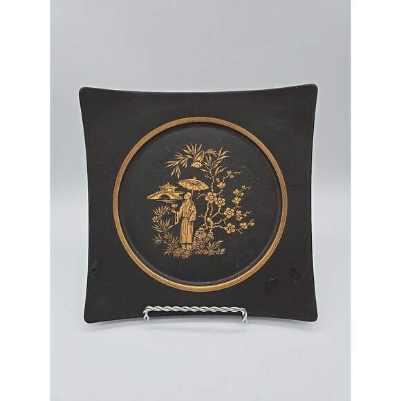 Hyalyn Pottery Plate Japanese Geisha Cherry Blossom 631 Wall Plate Black & Gold - Picture 1 of 12